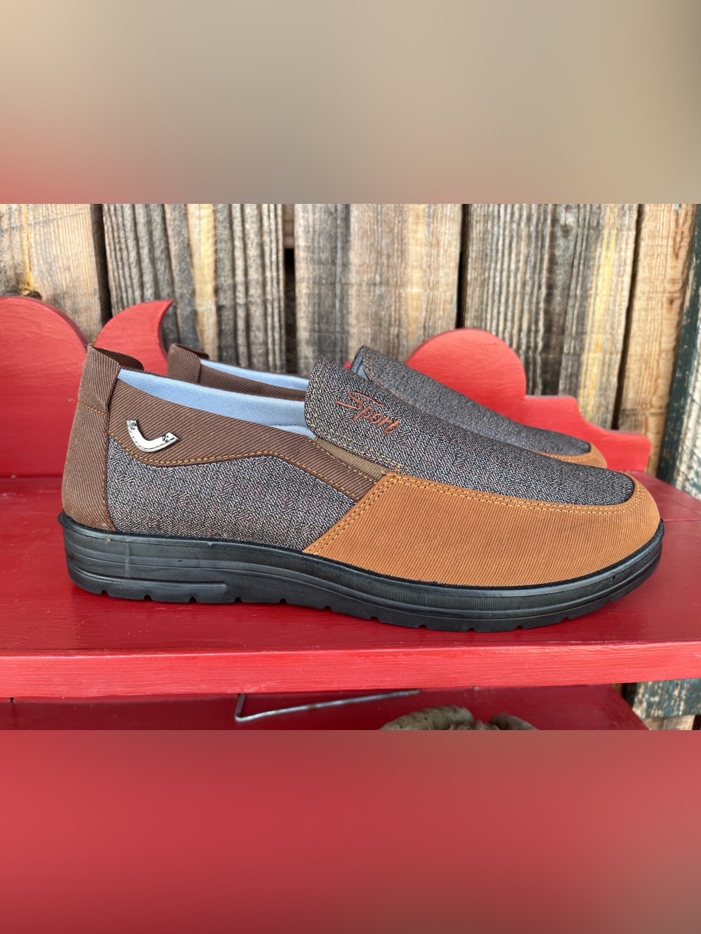 MEN 13 SHOE-SLIP ON brown and gray canvas 1002